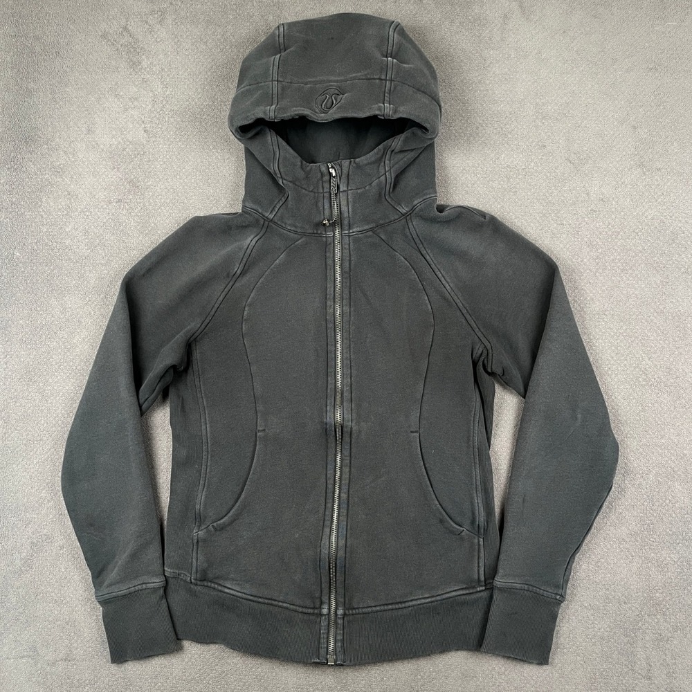 Lululemon Scuba Hoodie Womens 8 Black Full Zip Thumbholes Faded Fleece Active